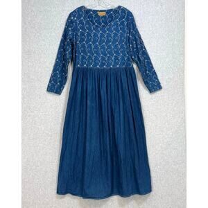 Vtg Double D Ranch Wear Denim Dress Size L Studded Embroidered Western Country